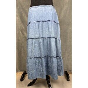 VTG Westport Chambray Denim Midi Skirt Sz XL Tiered Embroidered Boho Cottage